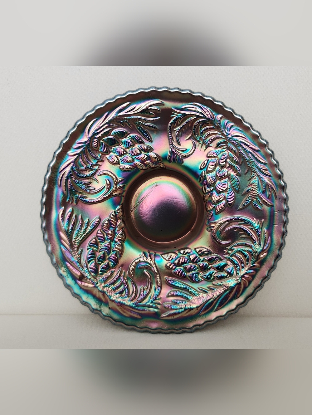 Antique Fenton Blue Iridescent Carnival Glass Pinecone Pattern 6" Round Plate